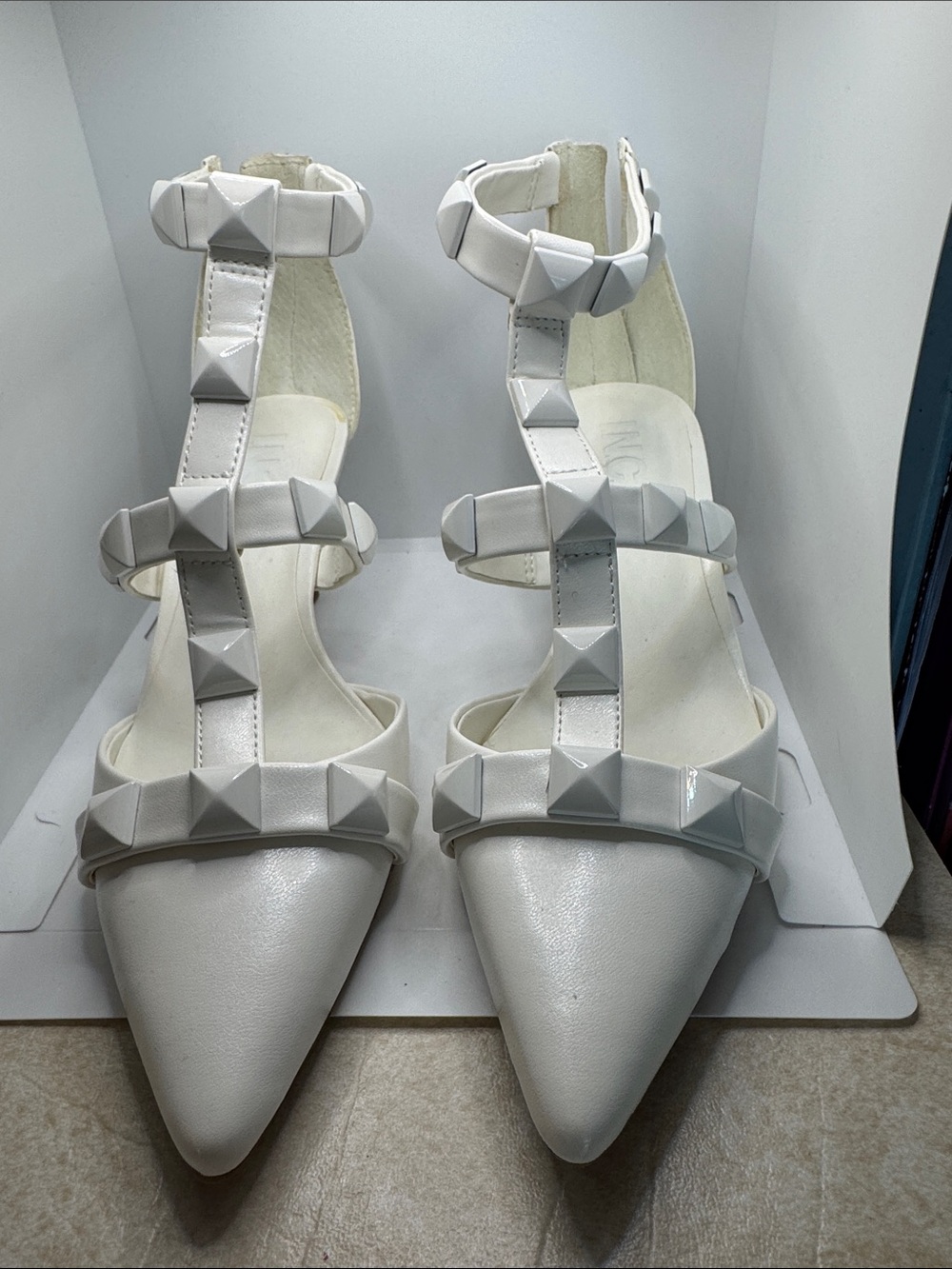 INC International Concepts White Studded Pointed-Toe Strappy shoes